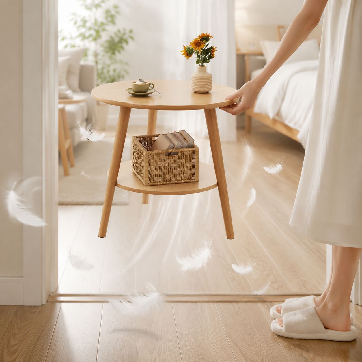 Home Small Bedside Table Modern Style Storage Table with Solid Wood Legs