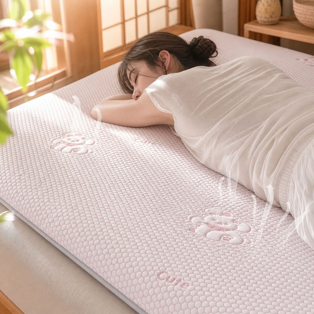 ジャカード織りのクマ柄の夏用冷却マット。洗濯機で洗え、寮での一人用・二人用として適しています。アイスシルク製で豆型です。