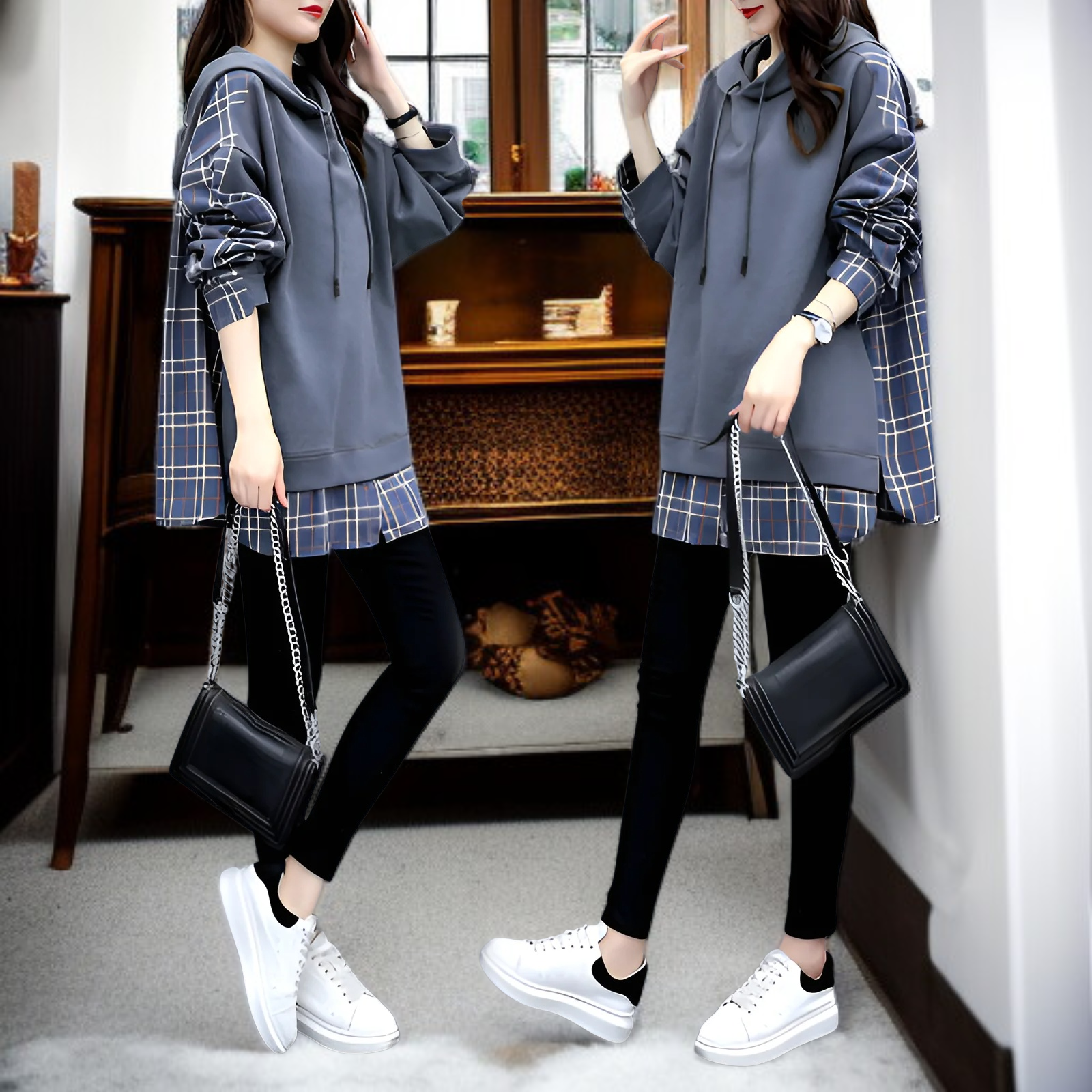 レディース チェック柄パッチワークフェイクツーピース 長袖スウェットシャツ 2025年春新作 ルーズフィット フード付き ミドル丈Tシャツ トップス