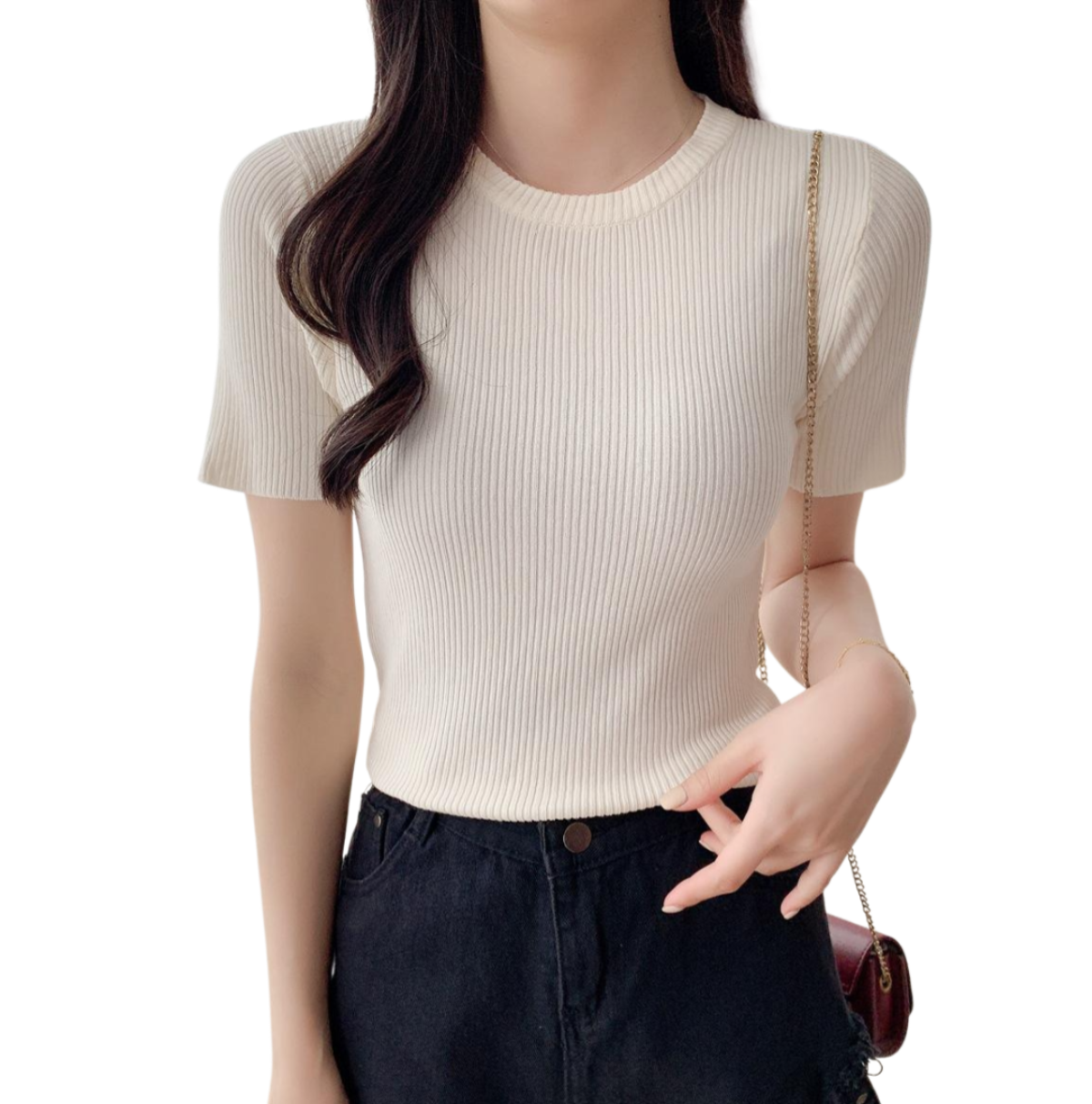 여성  반팔 얇은 라운드 슬림핏 여자 상의 반팔  레깅스 니트