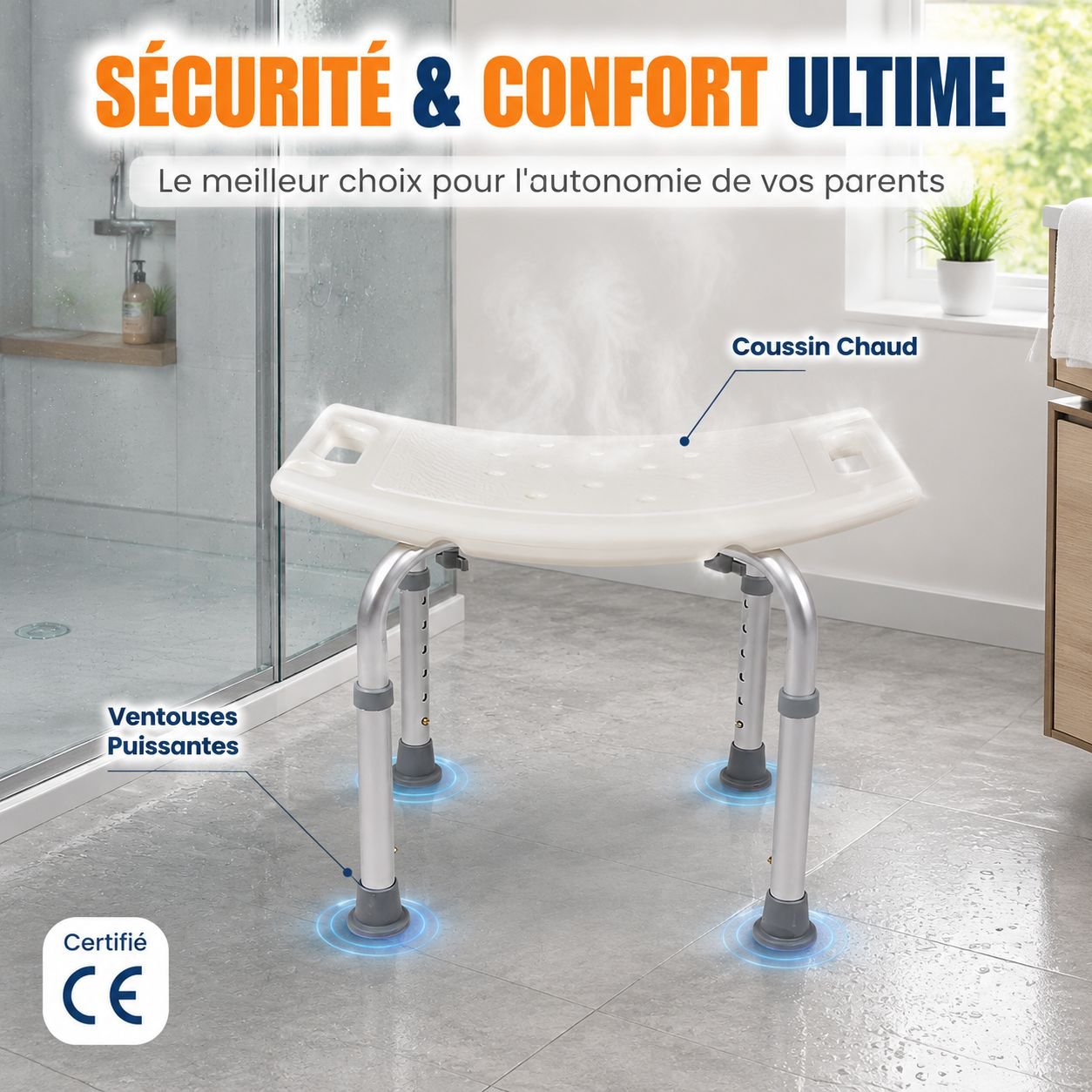 Chaise de bain pour seniors avec cadeau, dossier antidérapant et hauteur réglable