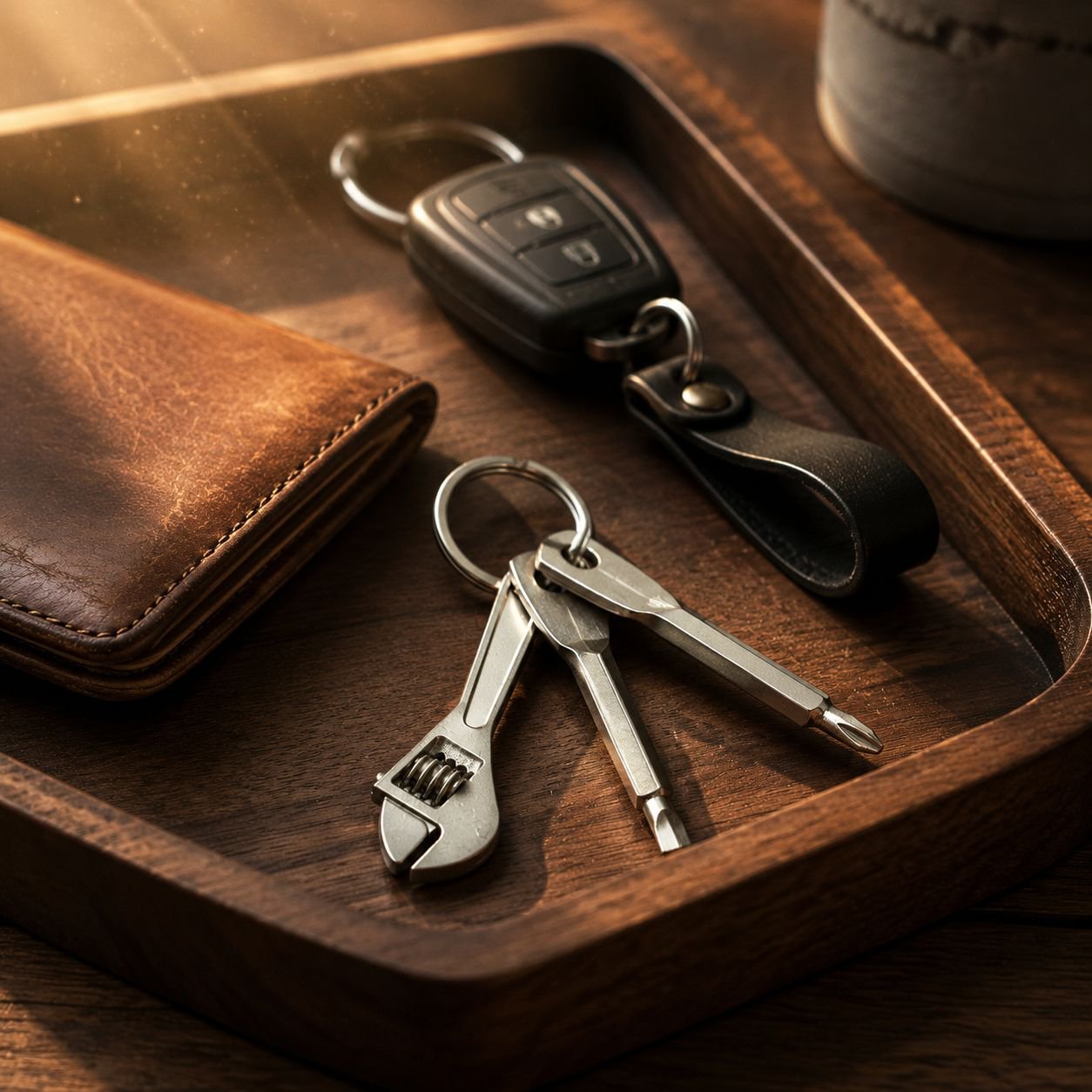 EDC accessory metal keychain with wrench and bottle opener
