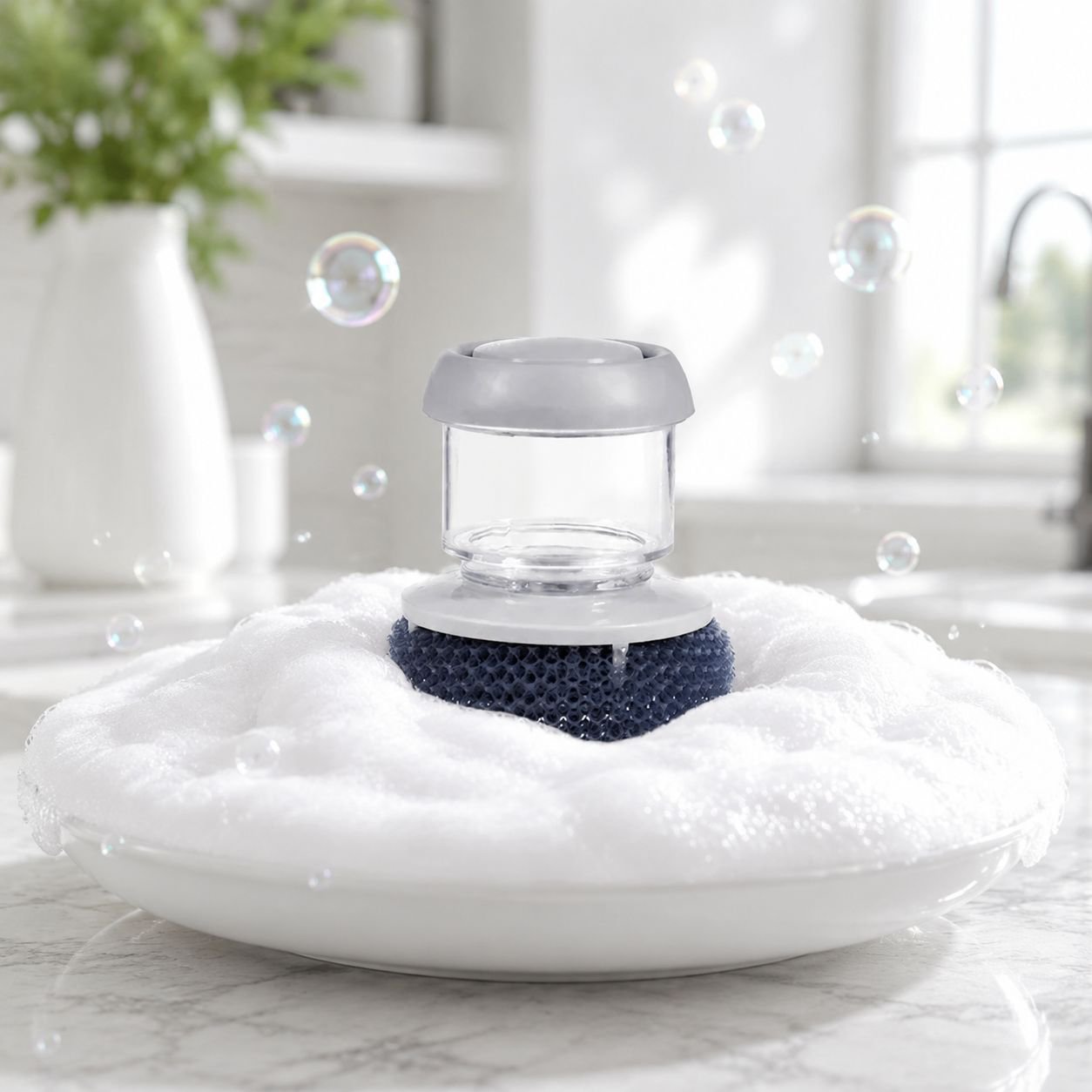 Kitchen brush cleaning greasy pan with soap foam