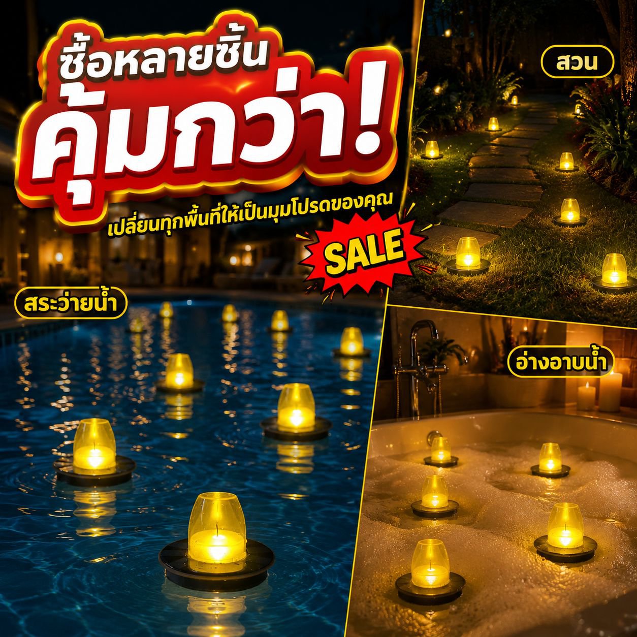 โคมไฟเทียนพลังงานแสงอาทิตย์ กันน้ำสำหรับสวนภายนอก ลอยน้ำได้ เปิดไฟอัตโนมัติ
