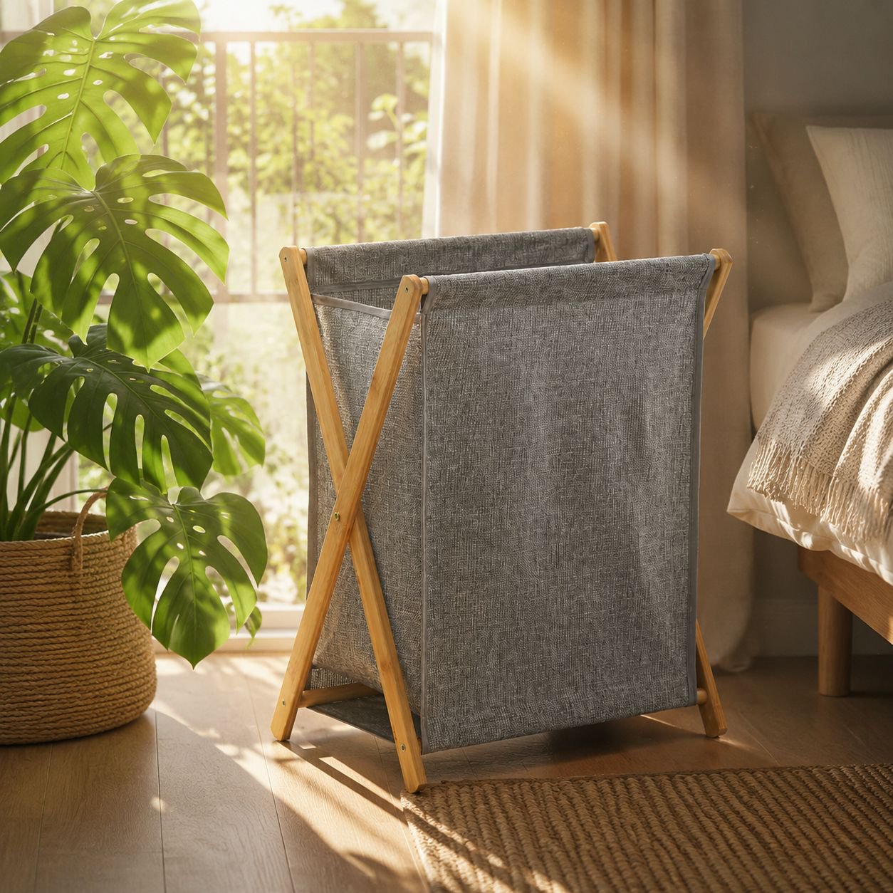 Foldable bamboo hamper used for clothes storage