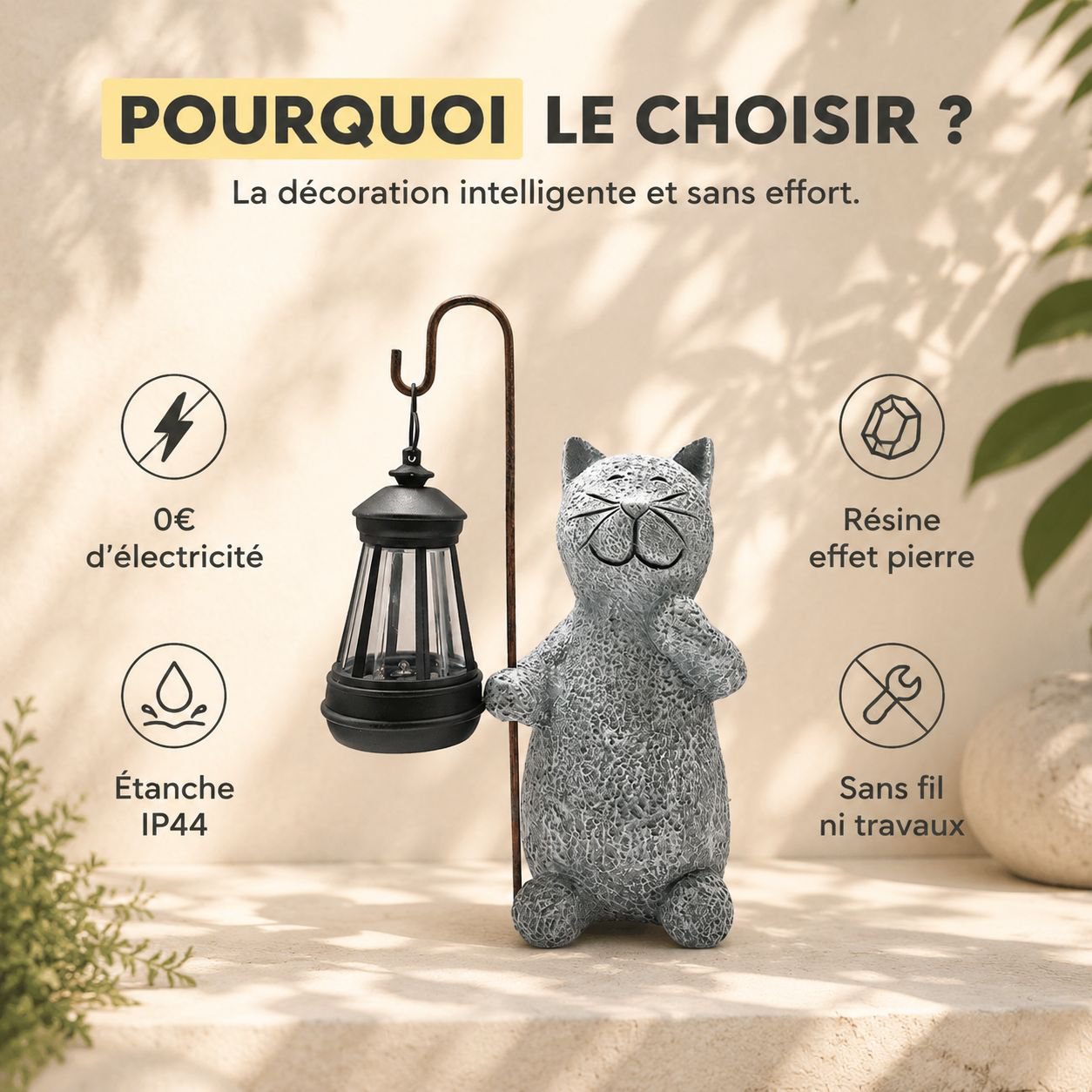 Lampe décorative solaire en forme de chat pour jardin extérieur