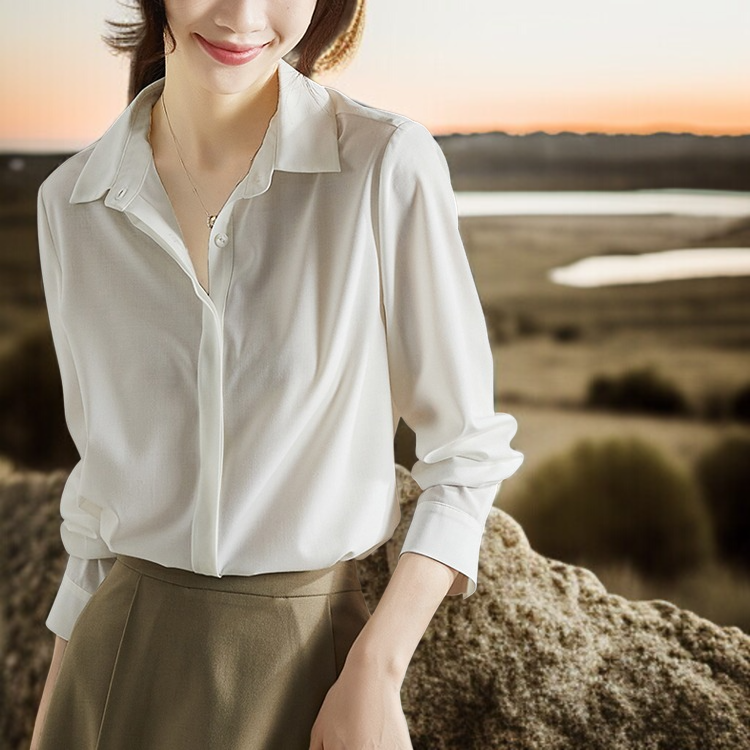 여성 봄 한범 긴팔 솔리드 쉬폰 셔츠 착용 이미지