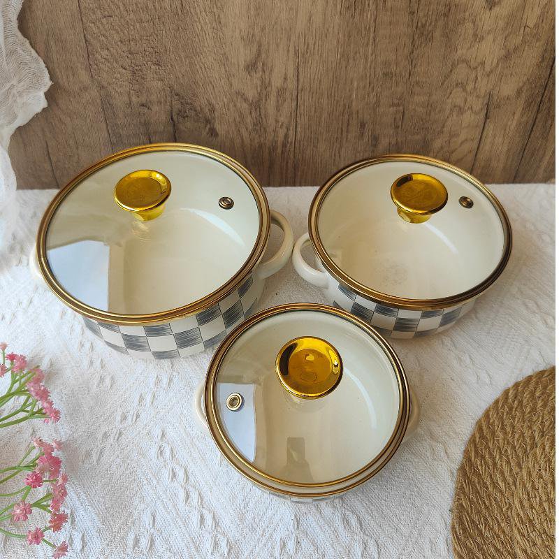 Enameled 3-piece Instant Noodle Pot Set, Gray and White Checkered Flat Bottom Double Handle