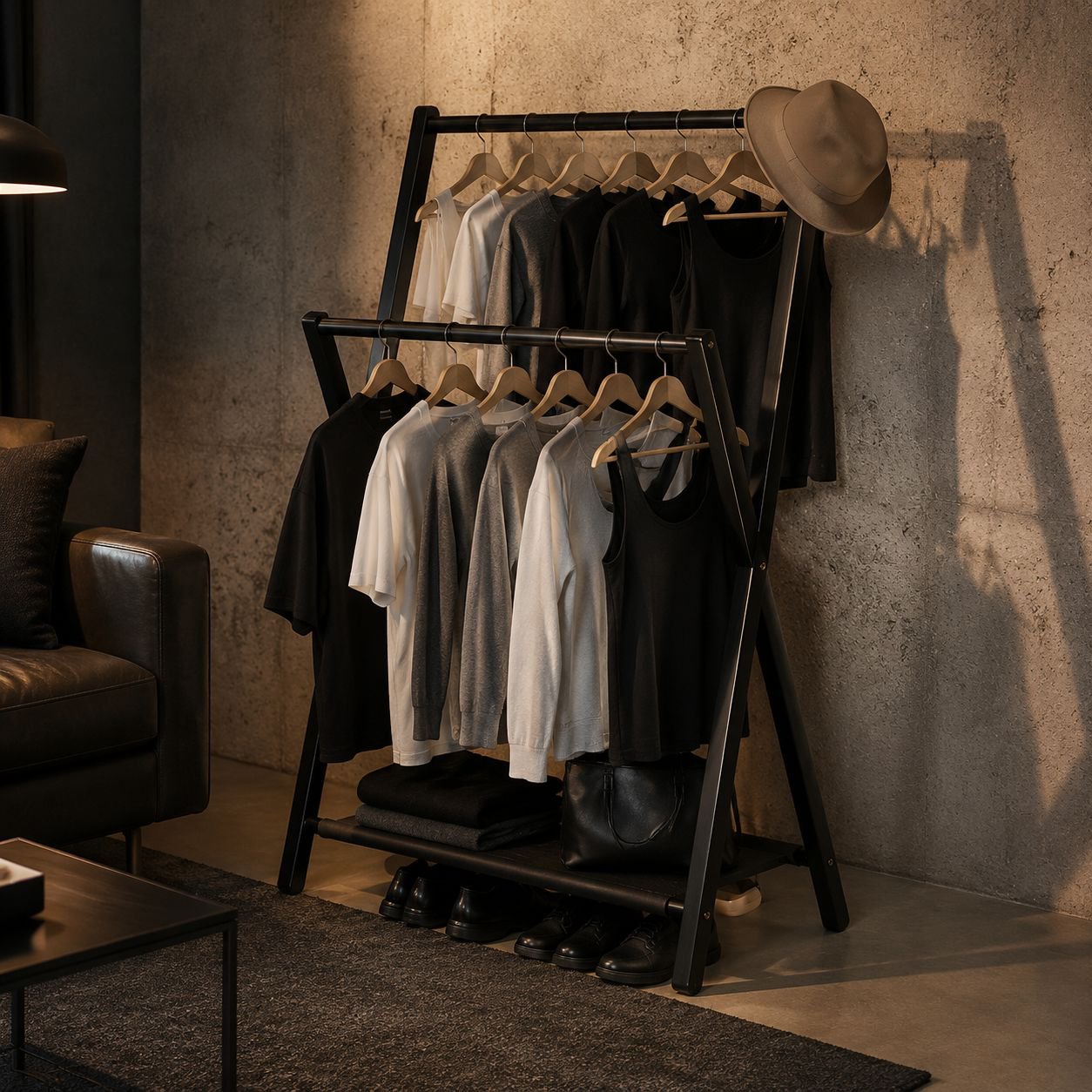 Minimalist indoor bamboo clothes rack