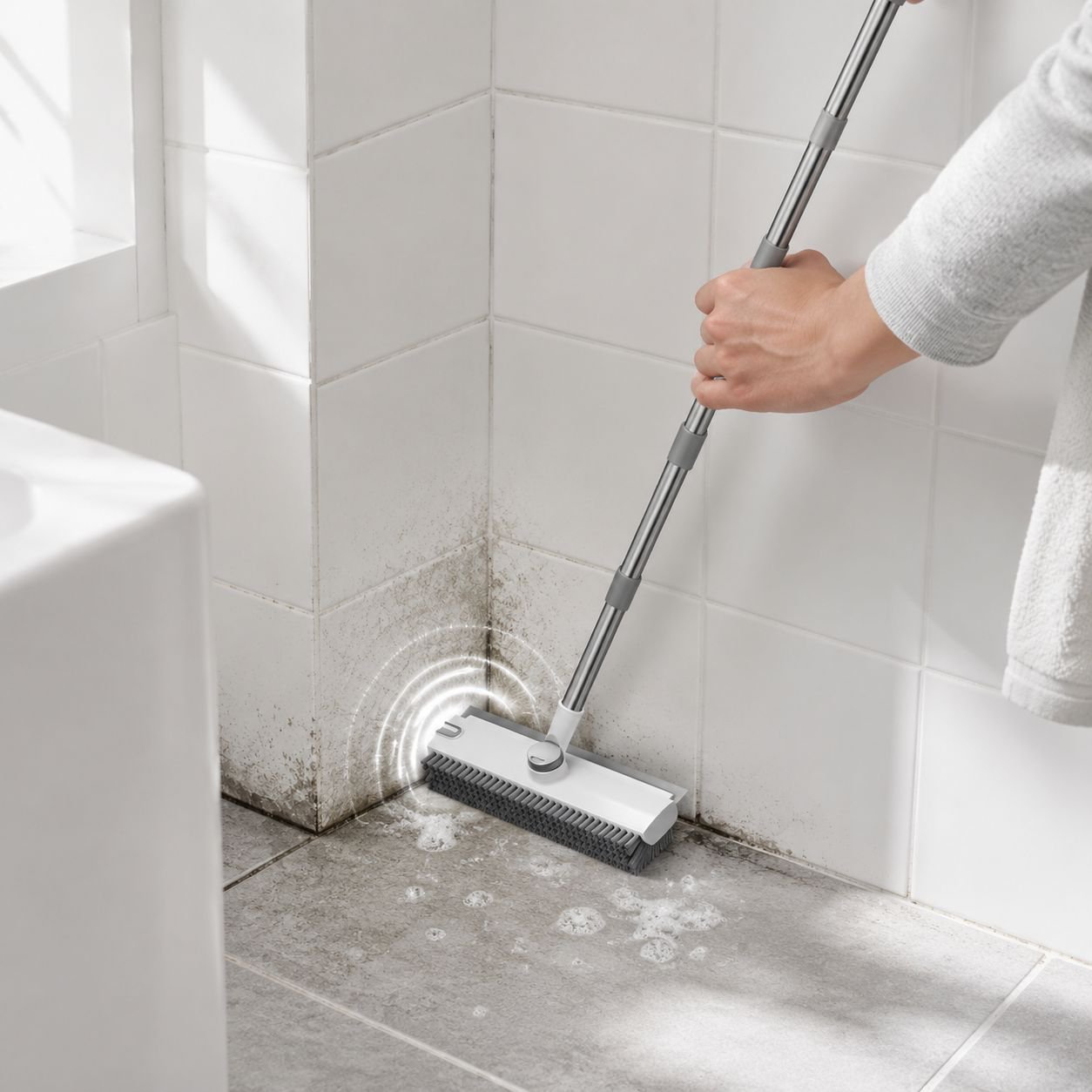 Stiff bristle bathroom tile grout brush close-up