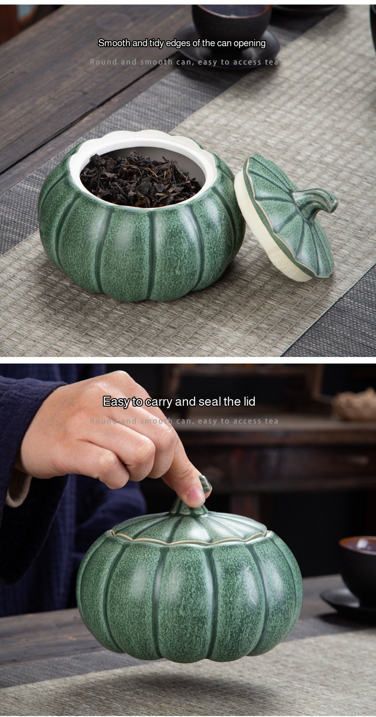 Decorative pumpkin-shaped storage canister displayed on a kitchen counter
