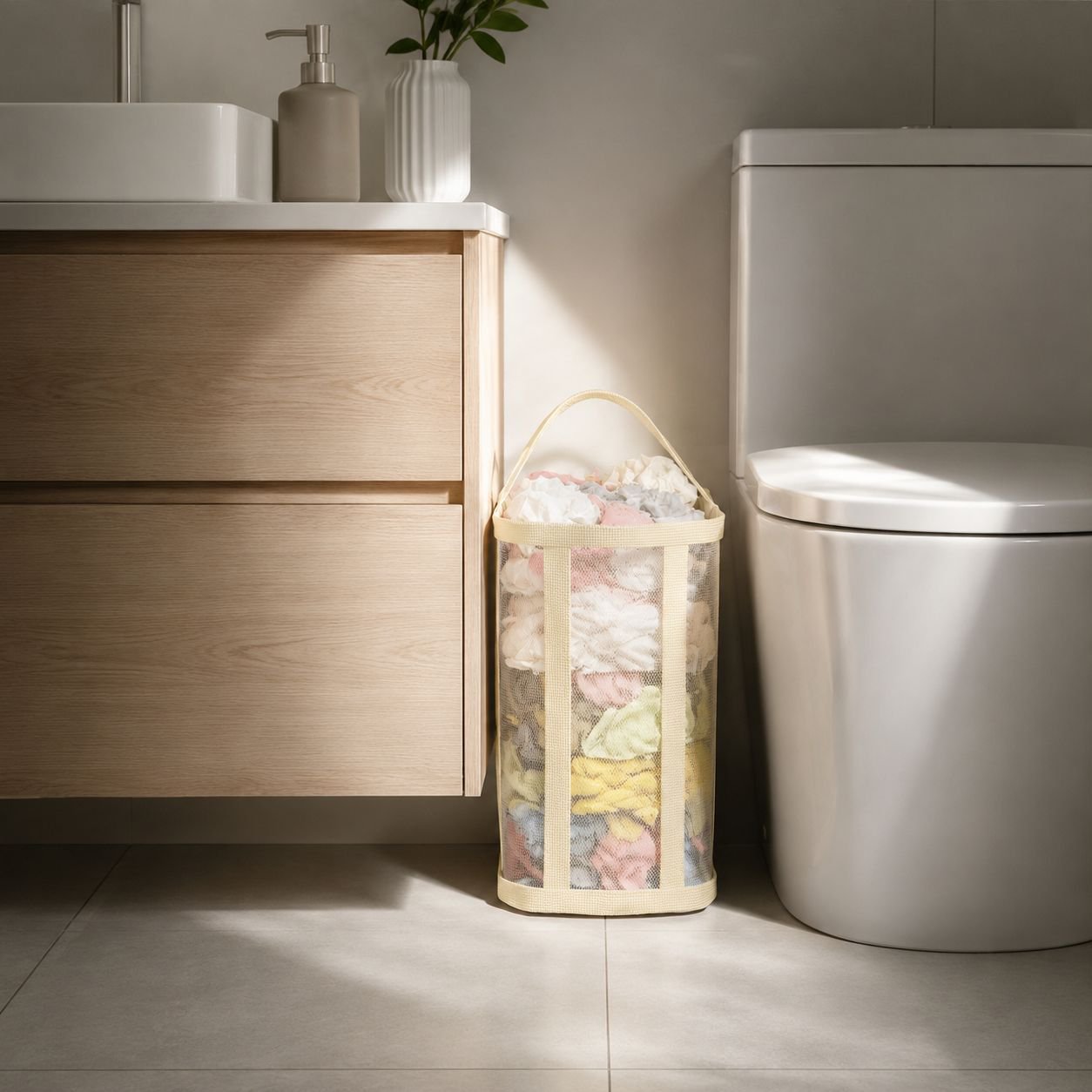 Grand panier à linge mural pliable installé dans une salle de bain moderne