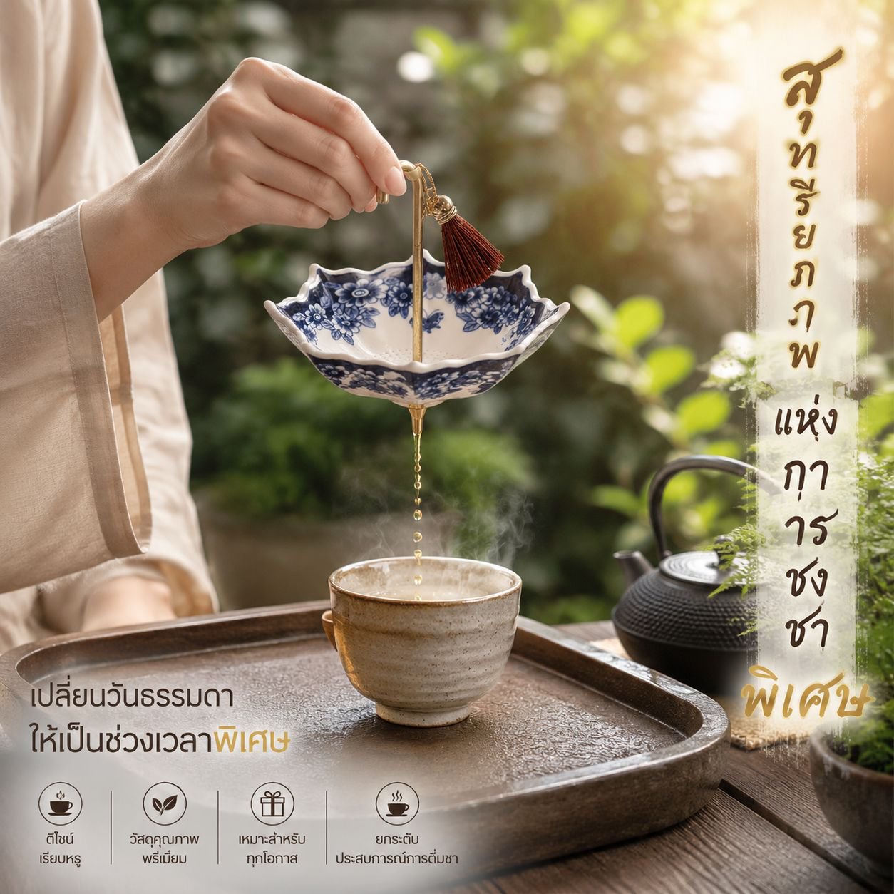ที่กรองชาเซรามิกลายครามทรงร่ม อุปกรณ์เสริมสำหรับพิธีชงชา