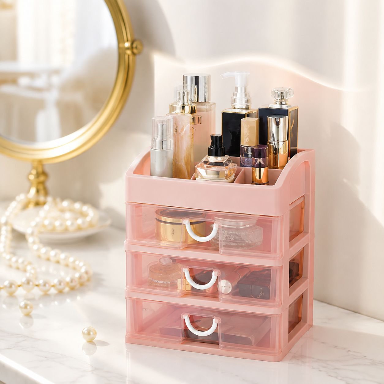 Close-up of lipstick organizer with open drawers