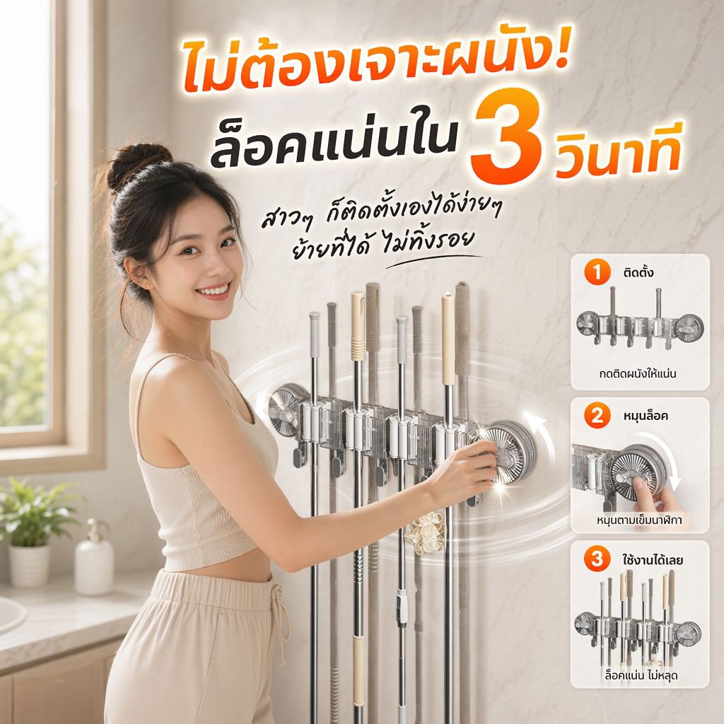 ที่หนีบไม้ถูพื้นแบบดูดติดผนัง ไม่ต้องเจาะ พร้อมตะขอและชั้นวางของในห้องน้ำ