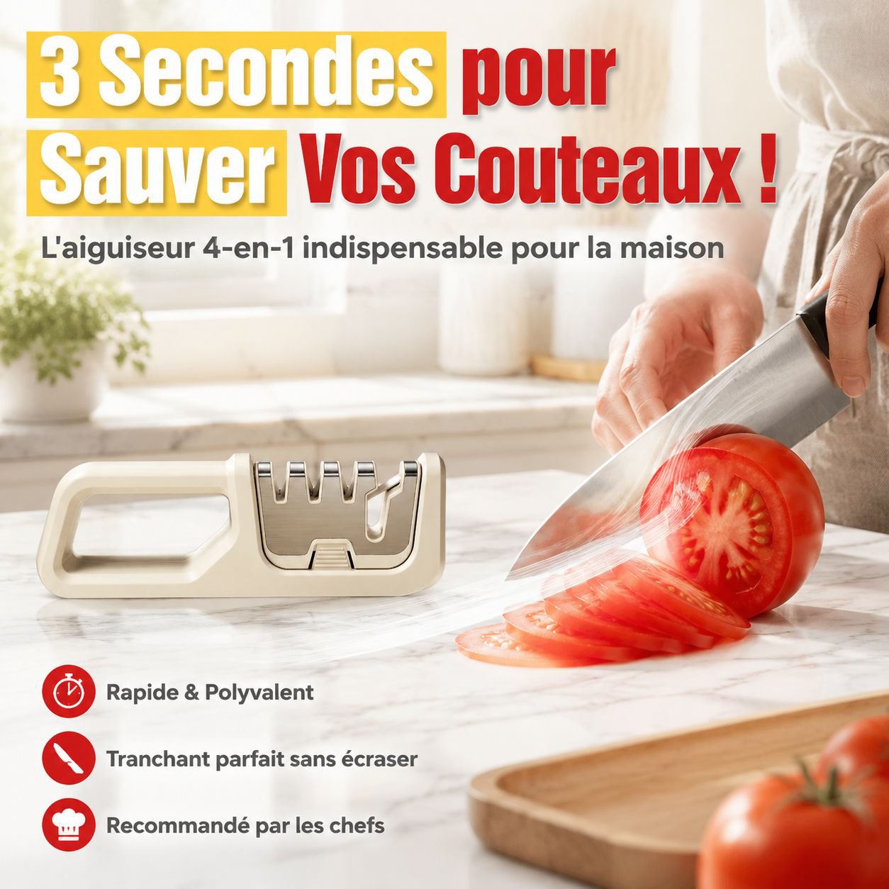 Affûteur de couteaux multifonction 4-en-1 pour cuisine, affûtage rapide pour couteaux de chef