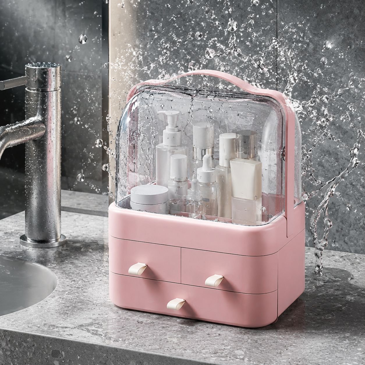 Staubgeschützte Aufbewahrungsbox für Kosmetik auf dem Tisch