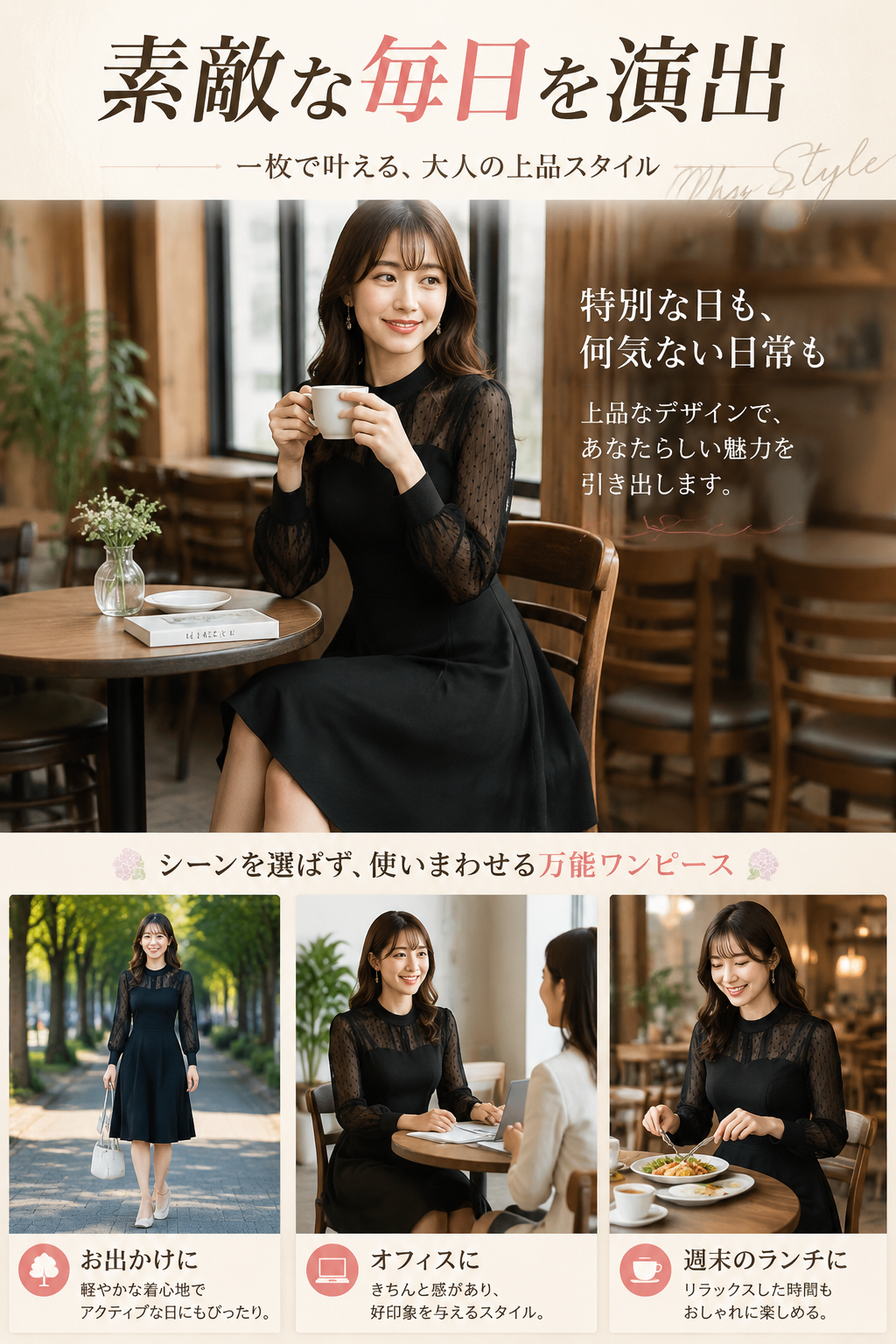 プラスサイズ女性（体重90kgまで）向けの、春秋新作のレースウエストシェイプドレス。スリムに見せ、スタイルアップ効果のある長袖ドレスです。