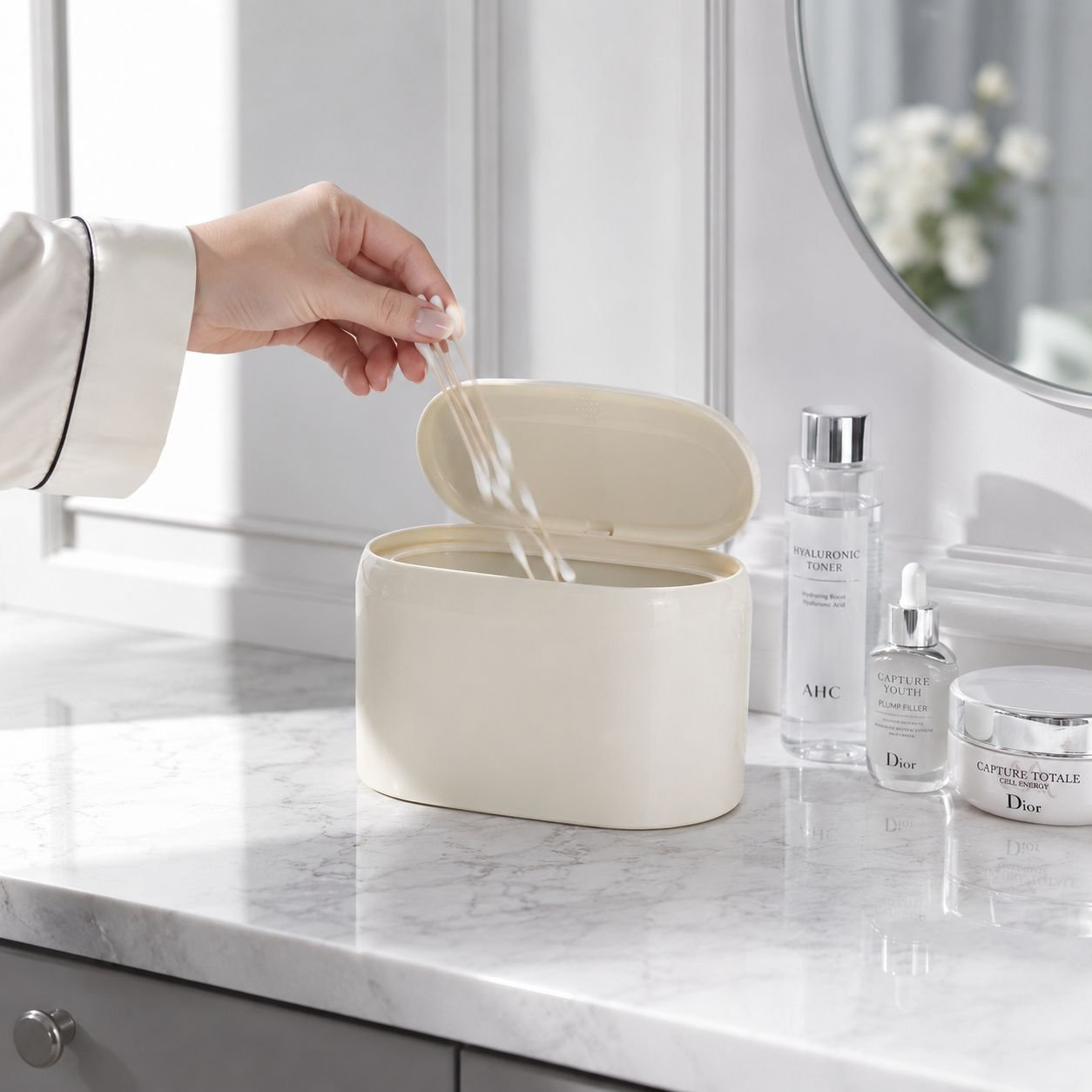 Cubo de basura con diseño minimalista crema