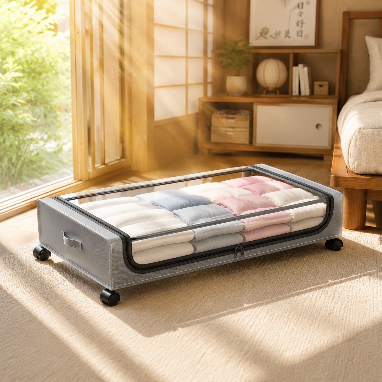 折りたたみ式収納ボックスをベッド下に入れる様子