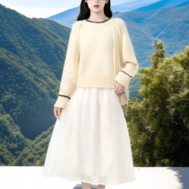 カラーブロックデザインの暖かいニットセーター