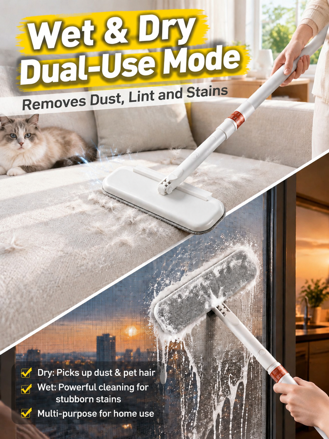 Retractable double-sided screen window brush with built-in scraper