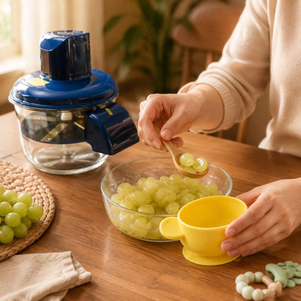 Close-up of electric grape peeler peeling grapes