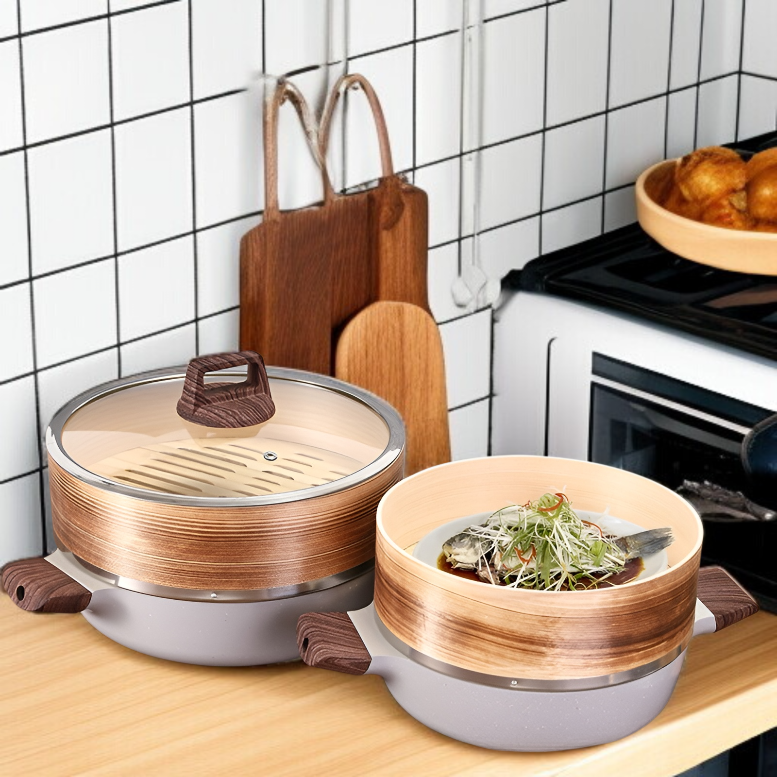 多目的家庭用蒸し器（IH/直火対応）蒸し器鍋、ノンスティック蒸し器、せいろセット、単層蒸し器（複数段重ね可能）、蒸し器鍋+蒸し器+蓋（3点セット）です。