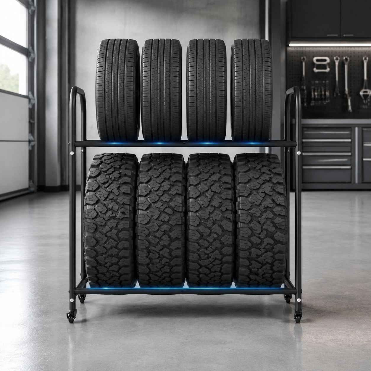Sturdy metal tire rack for garage organization