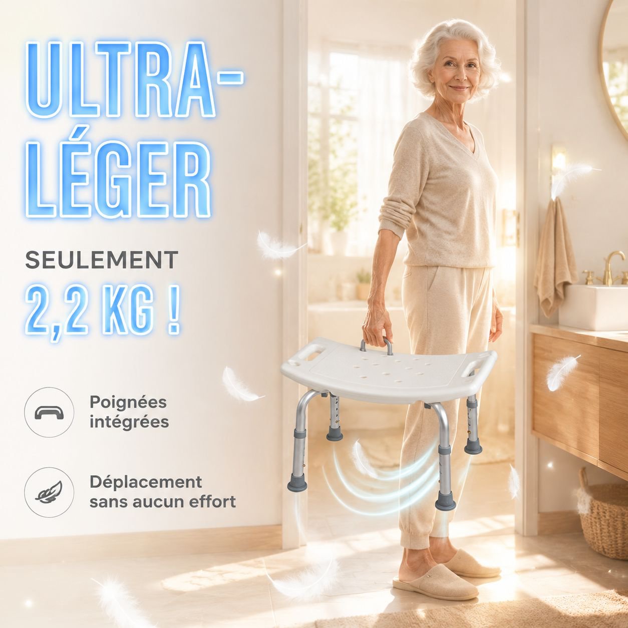 Chaise de bain pour seniors avec cadeau, dossier antidérapant et hauteur réglable