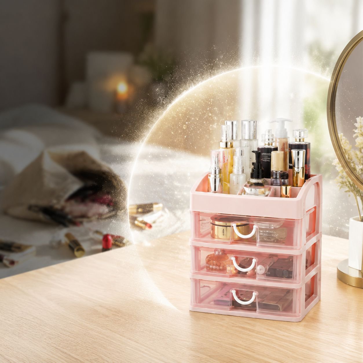 Elegant lipstick organizer on makeup vanity