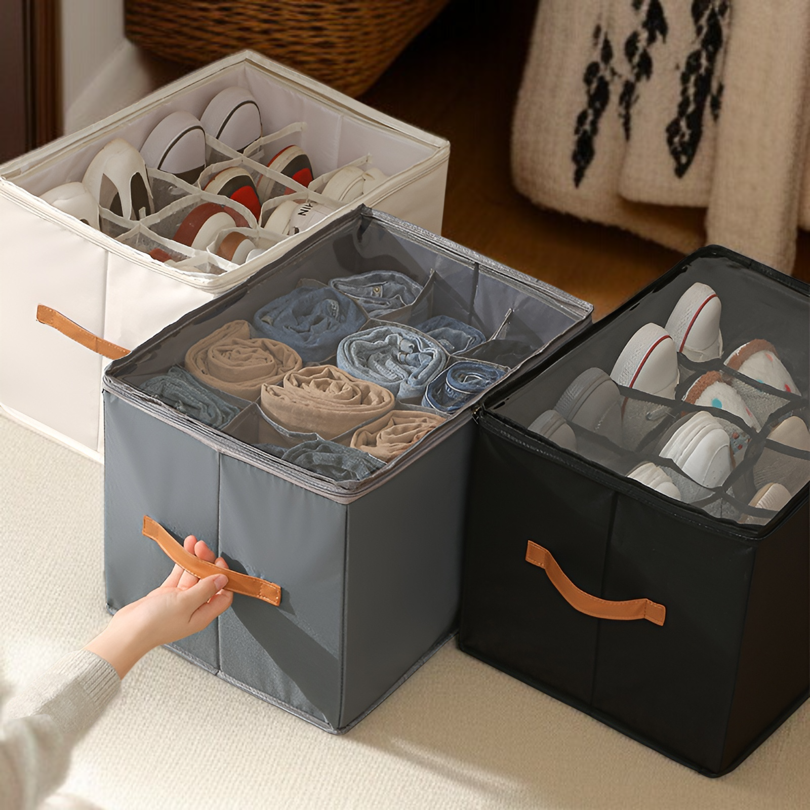 靴収納ボックス 折りたたみ式カバー付き 見える靴箱 多機能 仕切り付き 衣類 雑貨 収納ボックス
