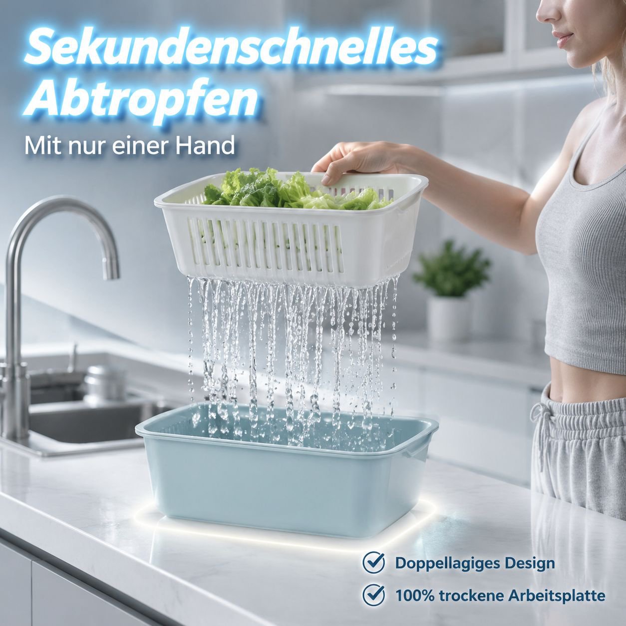 Großer quadratischer Küchenkorb zum Waschen und Abtropfen von Obst und Gemüse