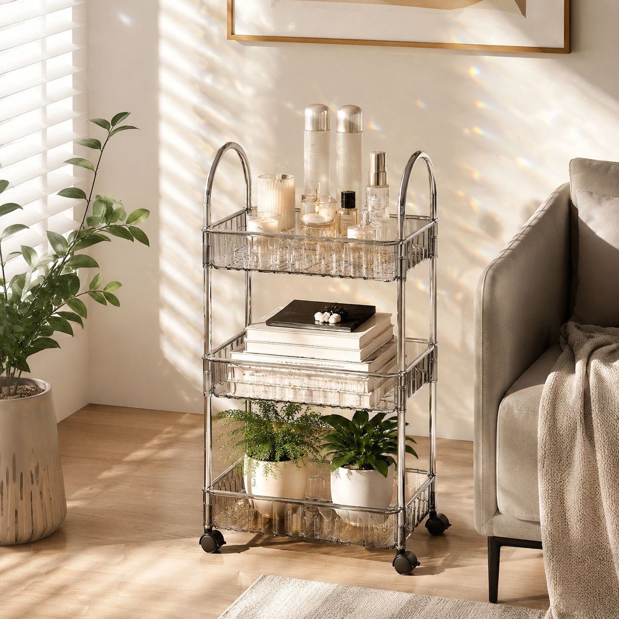 Removable kitchen storage trolley organizer shelf with wheels