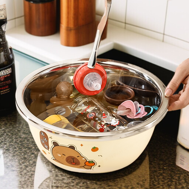 가정용 원형 주방 싱크대 전용 스텐대야 두꺼운 캐릭터 젖병대야 건조대야