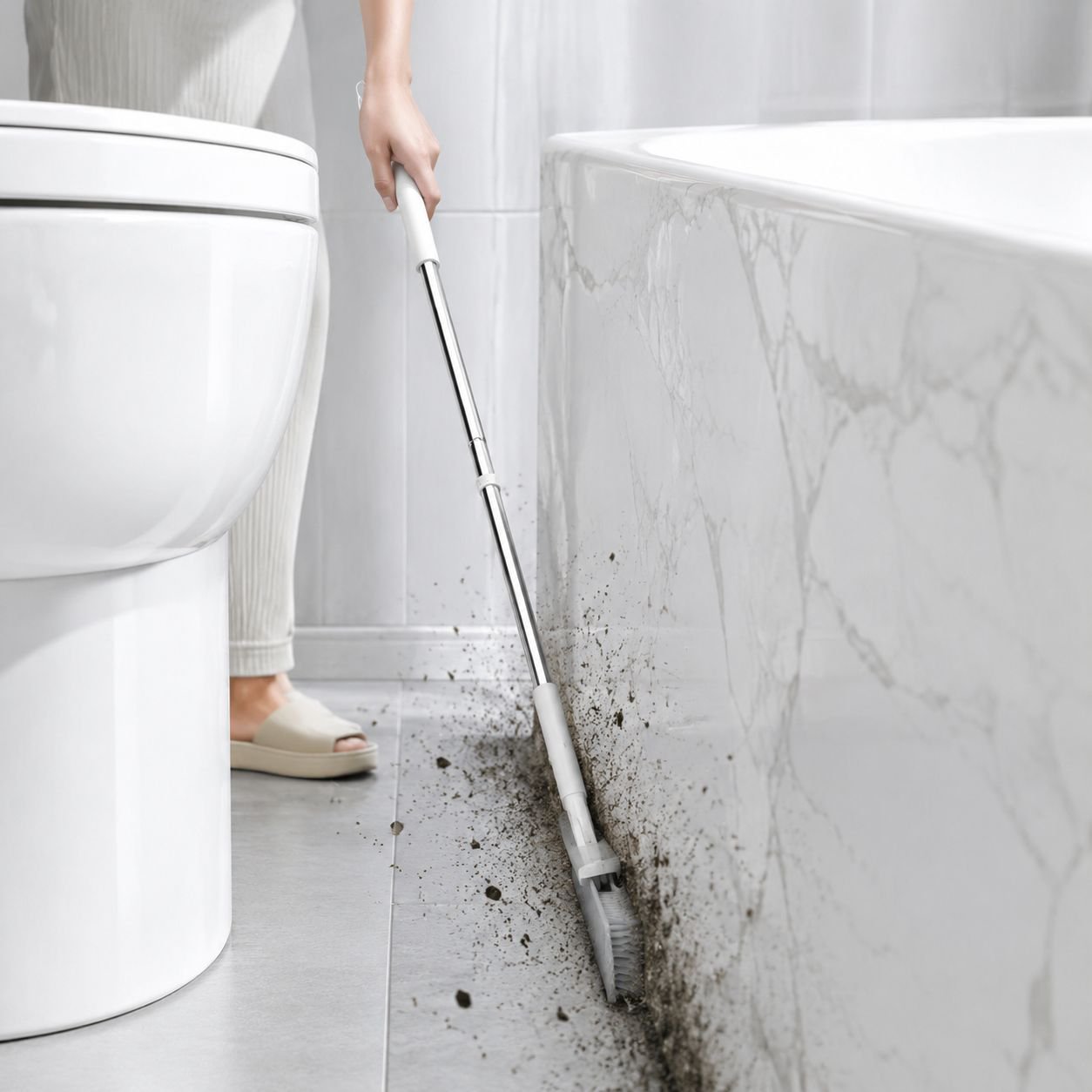 Efficient bathroom floor brush with extended handle