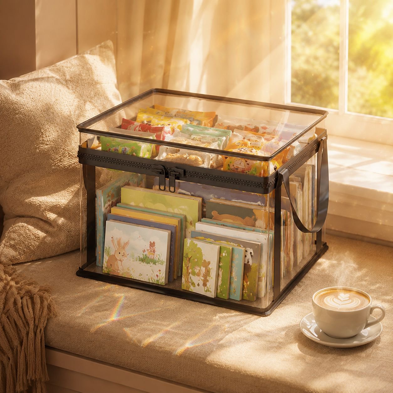 Basket with lid keeping dolls dust-free and organized