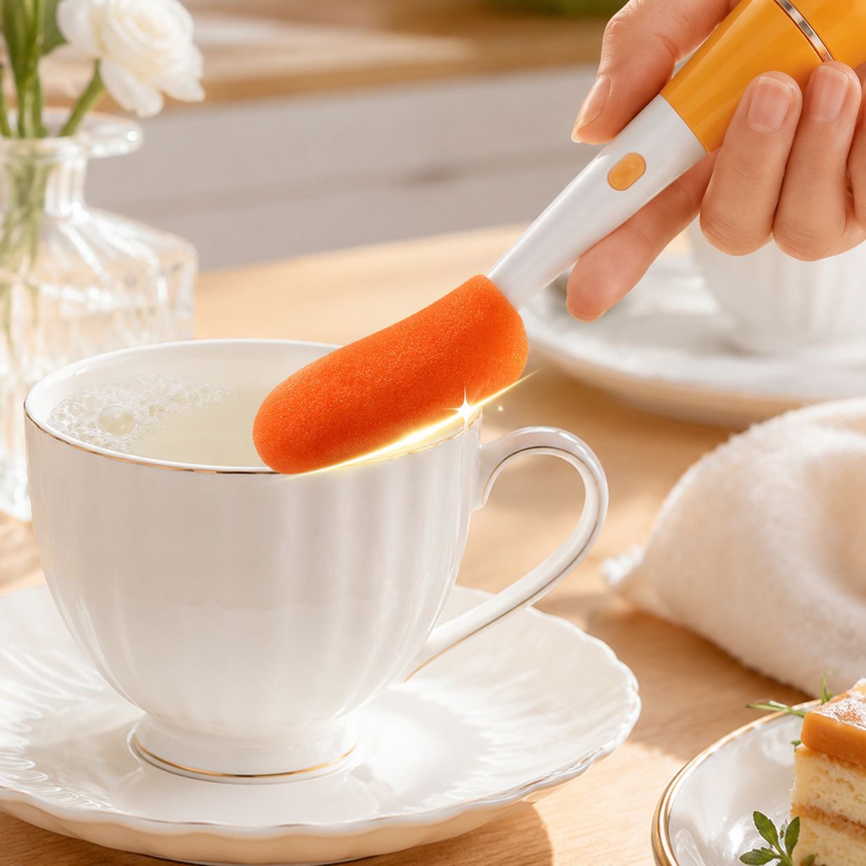 Long handle cleaning brush reaching narrow crevice