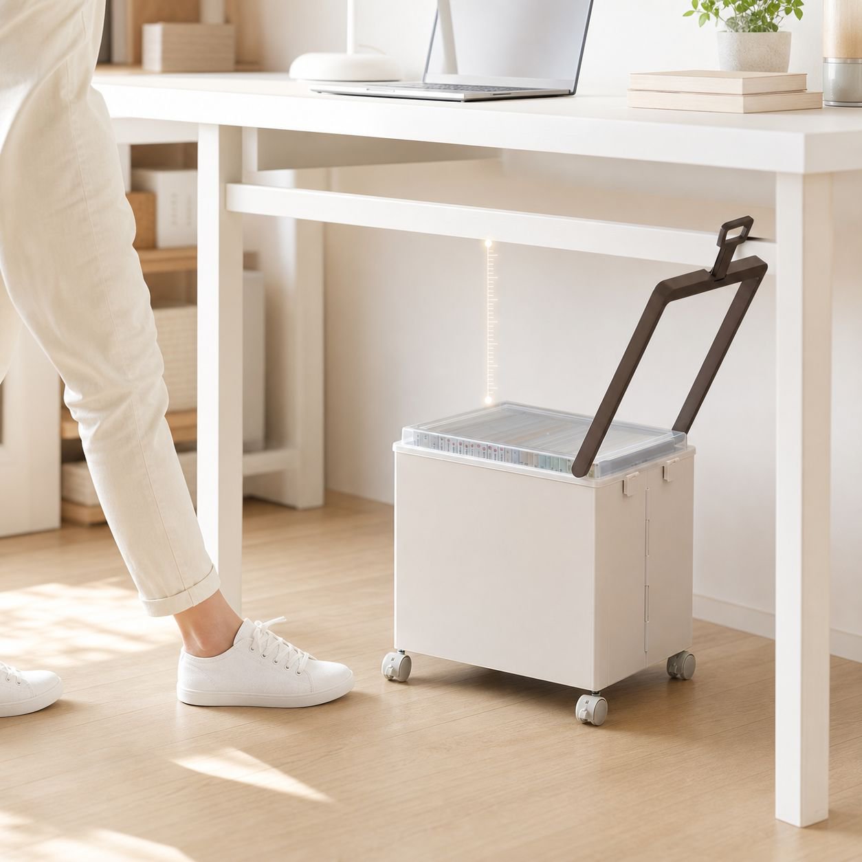 Wheeled foldable under-desk storage trolley holding books
