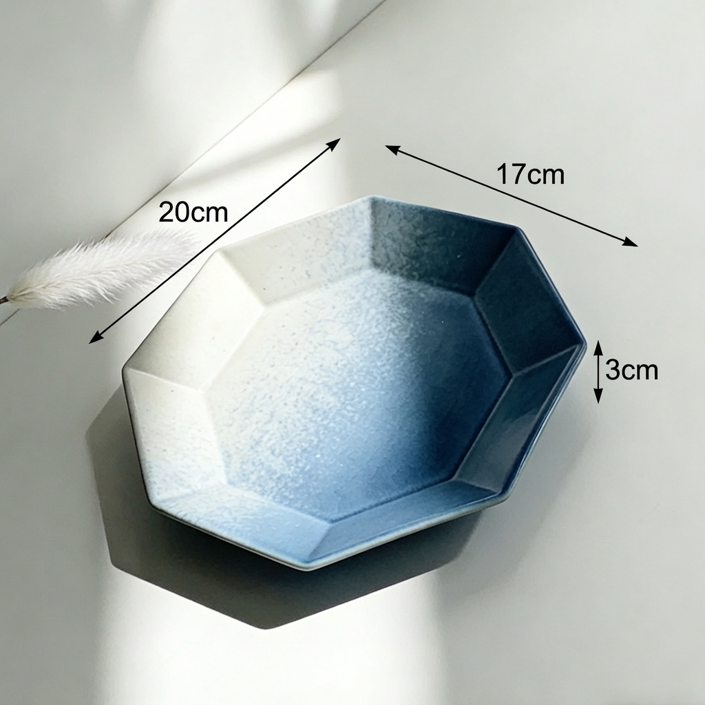 Blue ceramic plates stacked on dining table