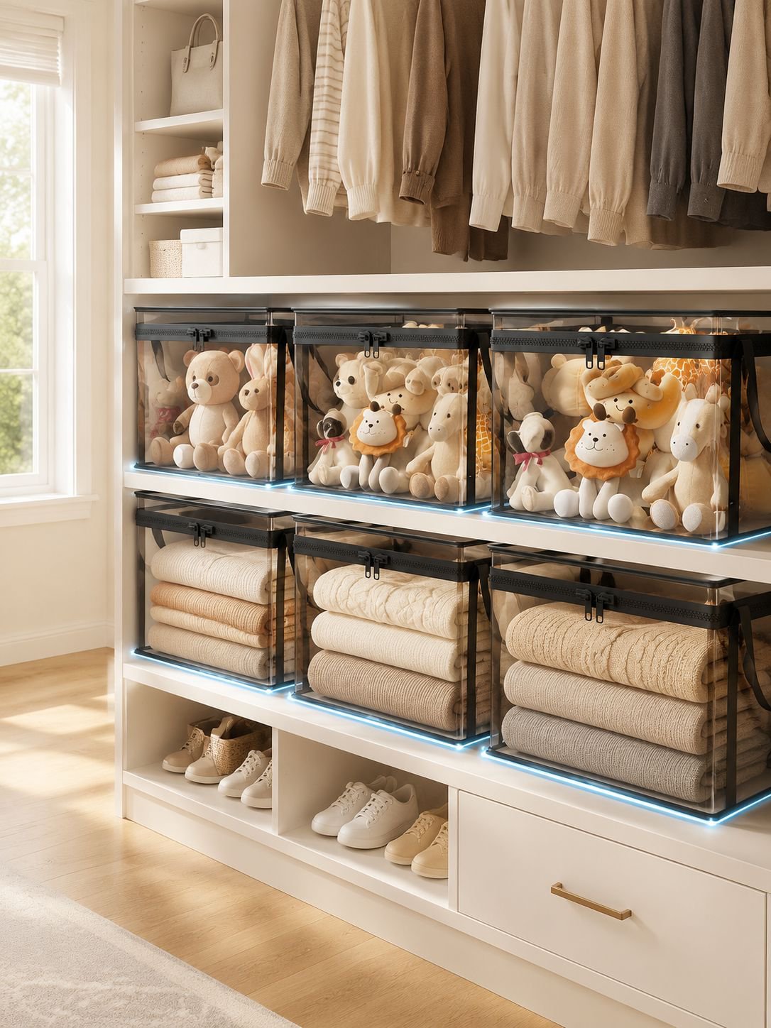 Space-saving transparent storage box for kids' toys