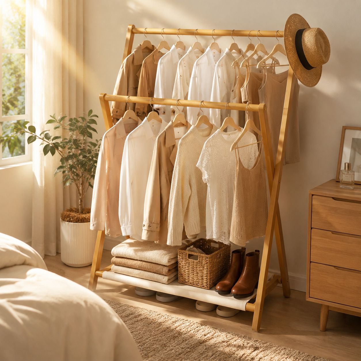 Simple Bamboo Indoor Clothes Hanger, Foldable Design, Eco-friendly and Odorless