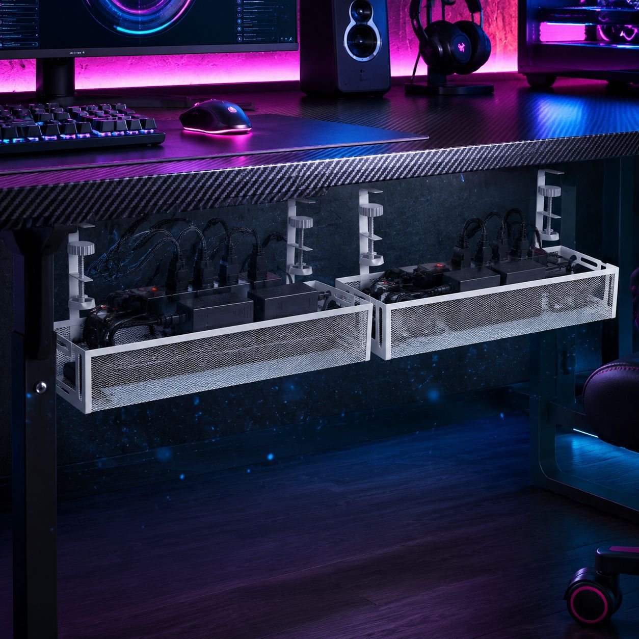 Under-desk cable management tray rack, office desk wire organizer, power strip holder