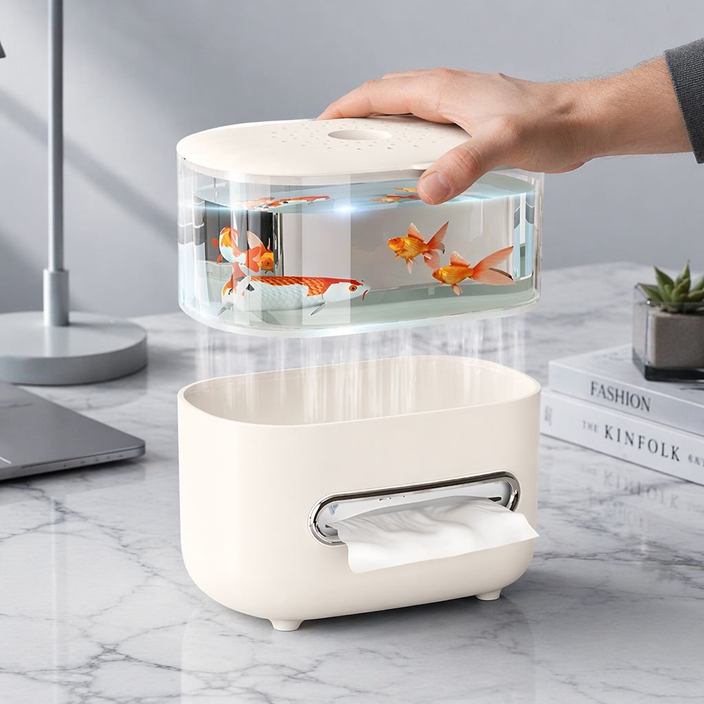 High-value, multi-functional, transparent, fish tank-style desktop tissue box with large capacity an