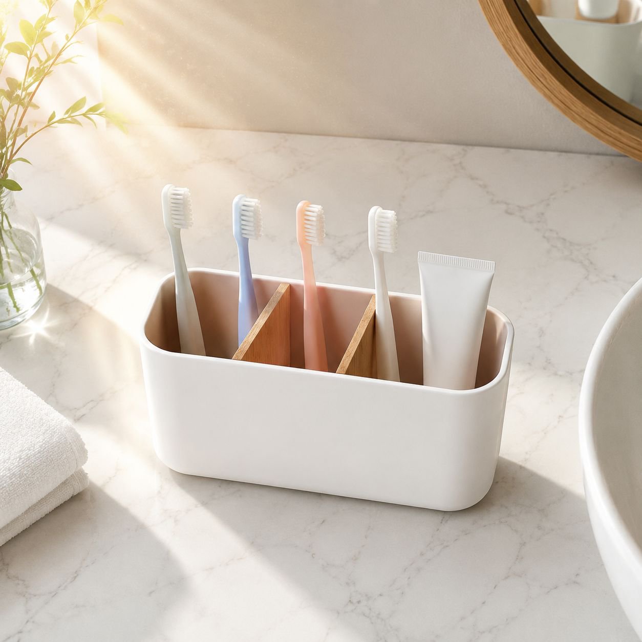 Bamboo and wood desktop stationery storage box with multiple compartments