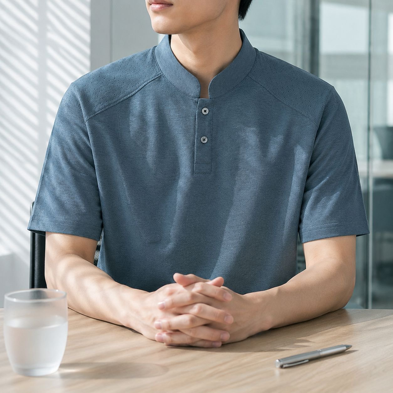 無地メンズスタンドカラー半袖Tシャツ正面画像