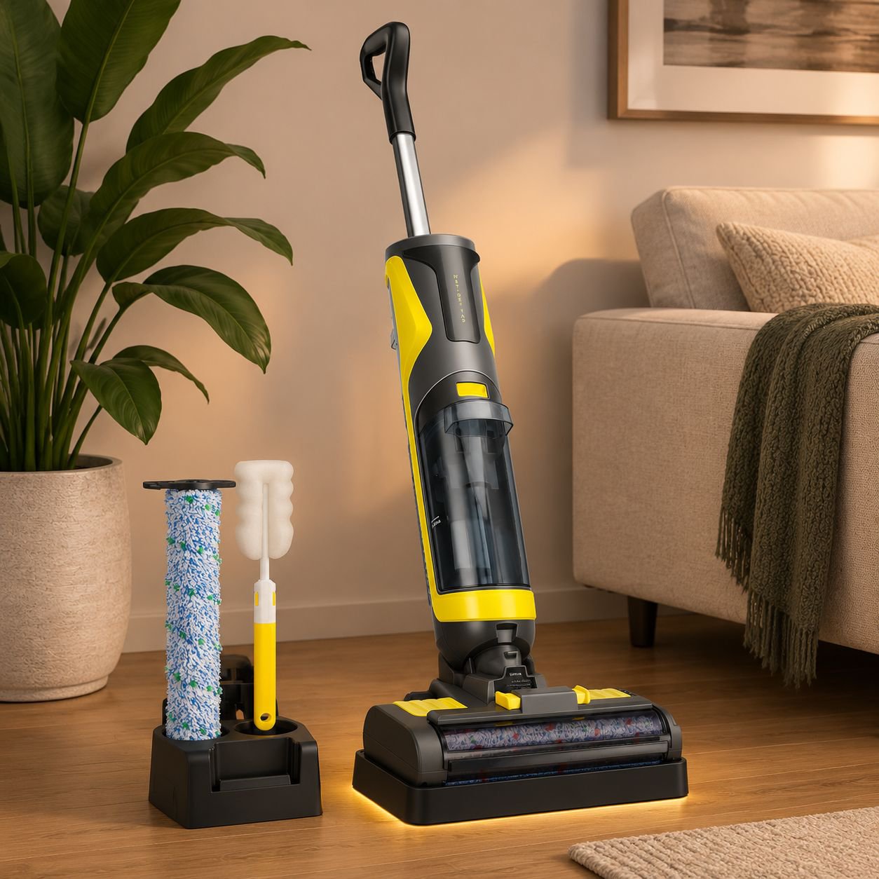User cleaning kitchen countertop with handheld vacuum