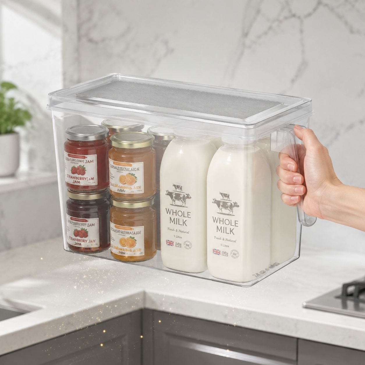 Transparent storage box showing contents inside fridge