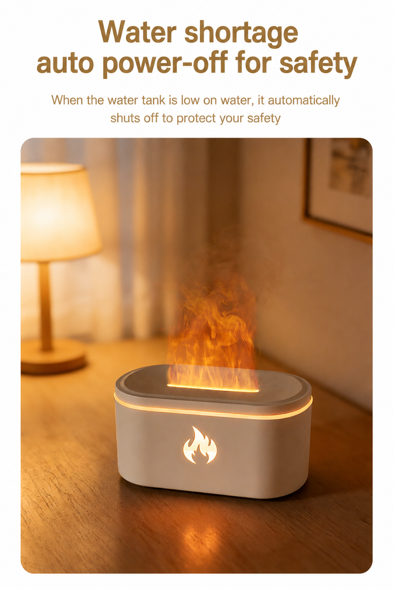 Decorative flame-effect diffuser styled on a bedside table