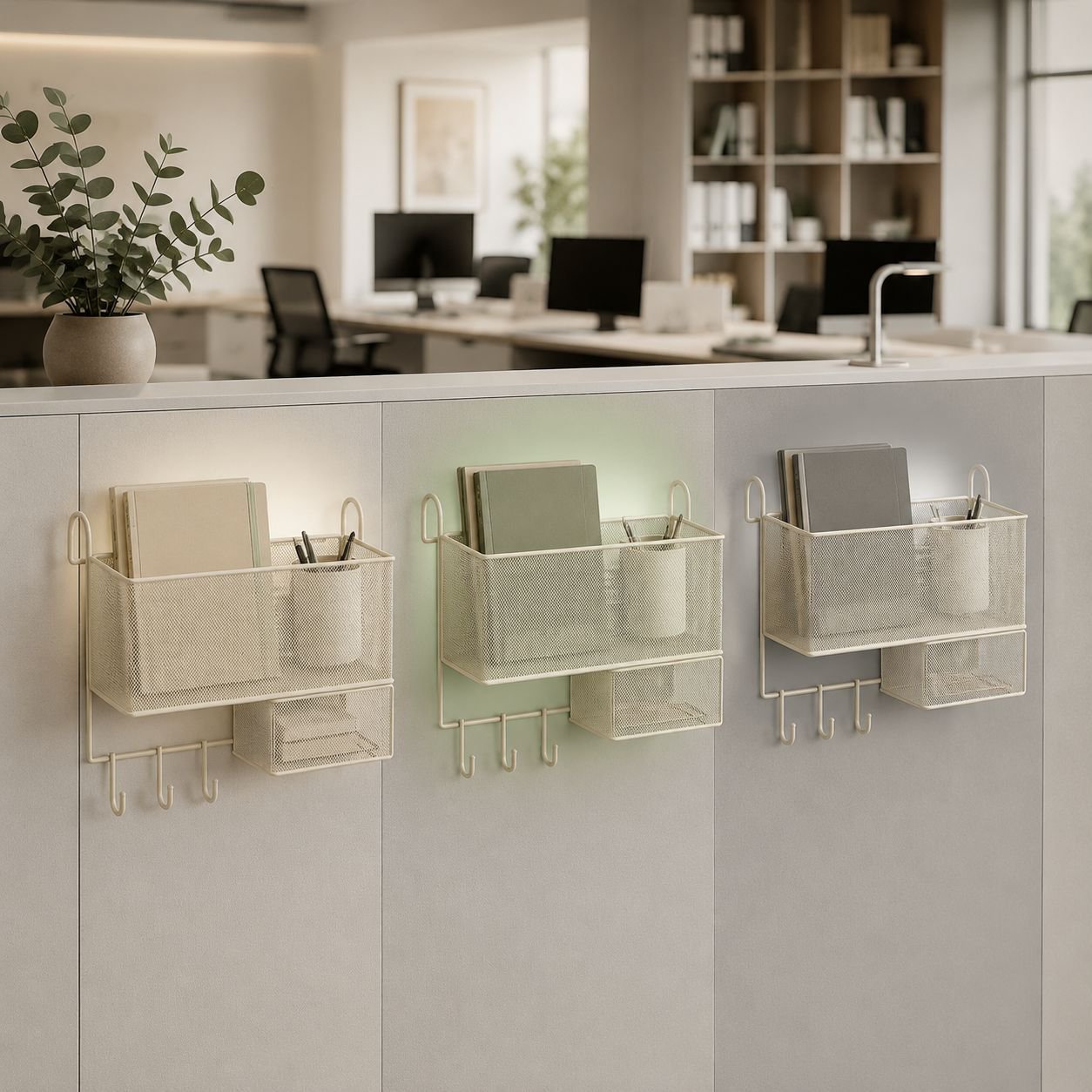Multifunktionaler Hängekorb zur Organisation am Arbeitsplatz im Büro